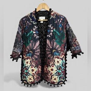 Peck & Peck Quilted Pompom Trim Open-Front Cardigan Bohemian Blazer Size Medium